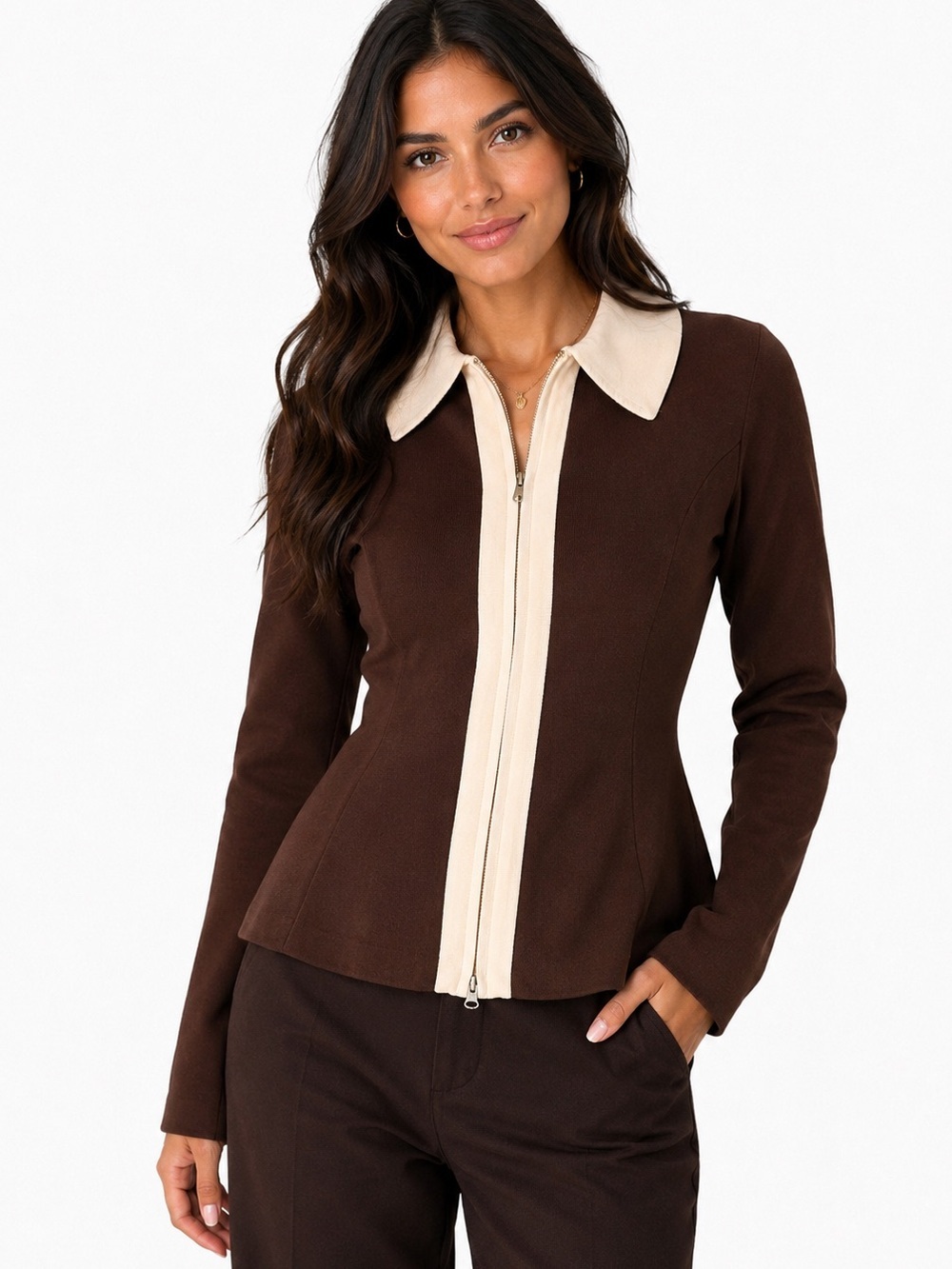 ALIGNE Brown Cream Zip Front Collared Knit Jacket Peplum Sweater US 4